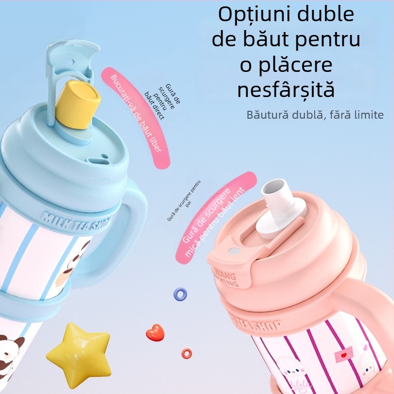 Cupă termoizolantă din oțel inoxidabil 316, design desen animat, capacitate mare, portabilă, cu paiuri duble