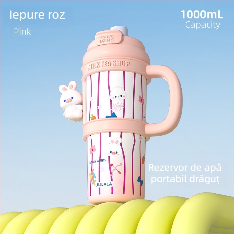 Cupă termoizolantă din oțel inoxidabil 316, design desen animat, capacitate mare, portabilă, cu paiuri duble