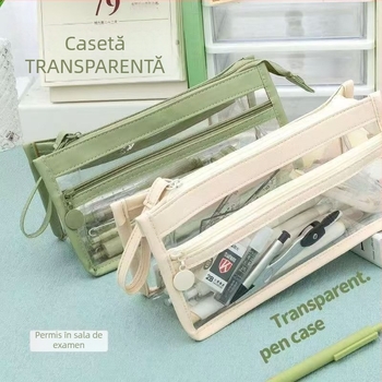 Penar transparent impermeabil cu trei compartimente, pentru examene, depozitare pentru creioane și produse cosmetice, inspirație coreeană/japoneză