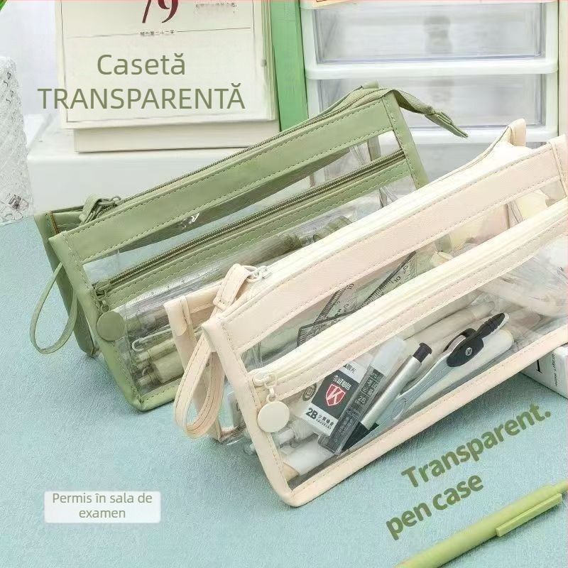 Penar transparent impermeabil cu trei compartimente, pentru examene, depozitare pentru creioane și produse cosmetice, inspirație coreeană/japoneză