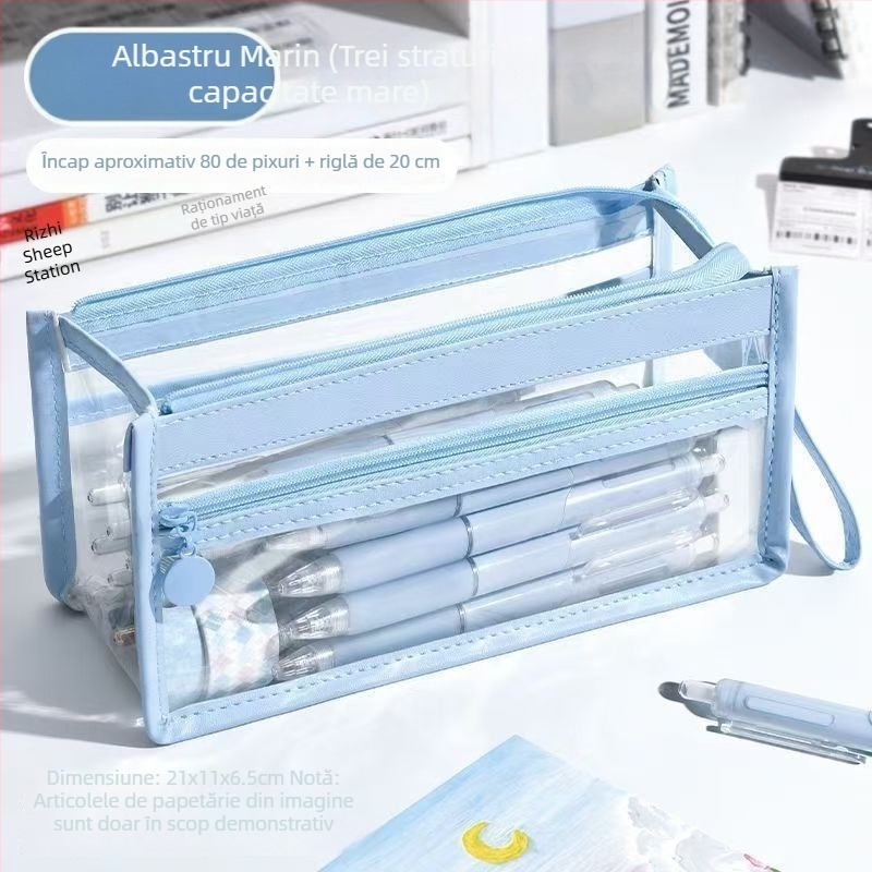 Penar transparent impermeabil cu trei compartimente, pentru examene, depozitare pentru creioane și produse cosmetice, inspirație coreeană/japoneză