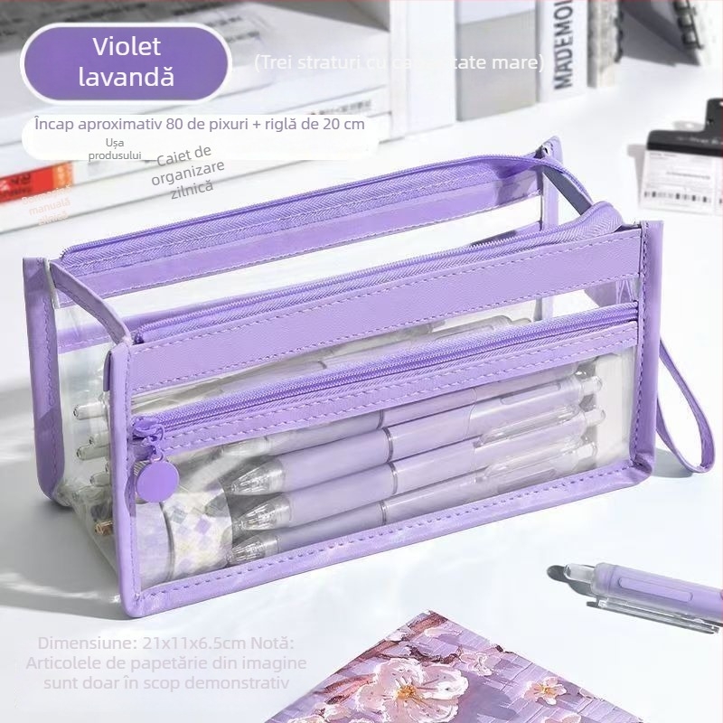 Penar transparent impermeabil cu trei compartimente, pentru examene, depozitare pentru creioane și produse cosmetice, inspirație coreeană/japoneză