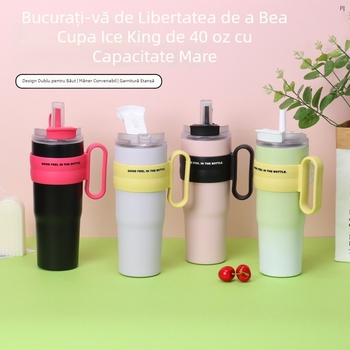 Cană termoizolantă din oțel inoxidabil 304, cu mâner, pentru mașină, cu pai — capacitate 40oz, interior 304, exterior 201