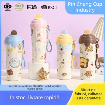 Cupe termică pentru copii, design cu înghețată, din oțel inoxidabil 316L, cu pai, capac mare, exterior