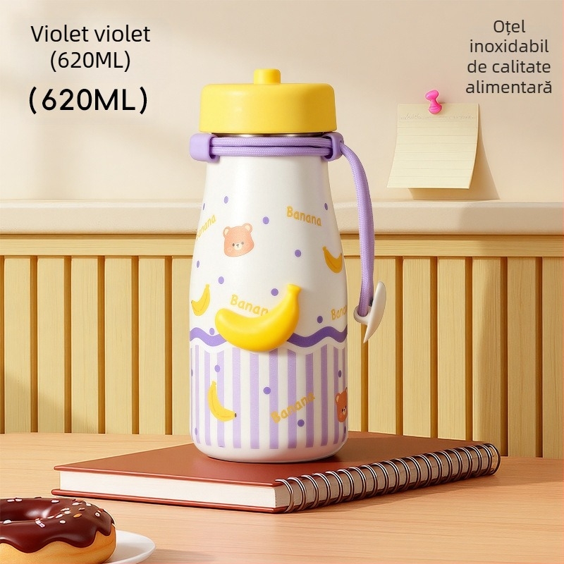 Sticlă termo din oțel inoxidabil 316, cu curea și pai, izolație vid, compactă pentru femei