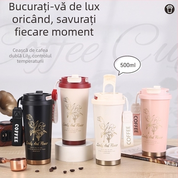 Ceasca termica din otel inoxidabil cu dubla izolare, pentru masina, cu cureaua de purtare, portabila, pentru birou si relaxare