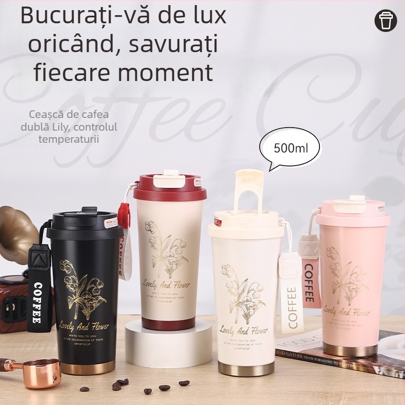 Ceasca termica din otel inoxidabil cu dubla izolare, pentru masina, cu cureaua de purtare, portabila, pentru birou si relaxare