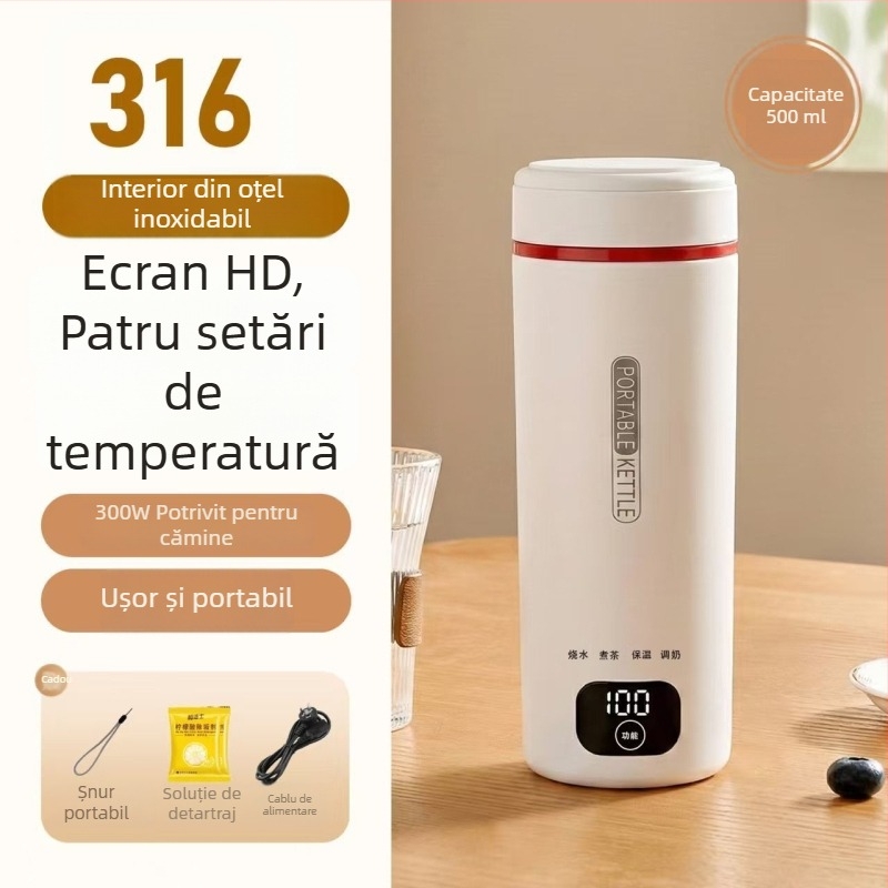 Cana electrică portabilă pentru apă fierbinte, izolație integrată, din oțel inoxidabil, compactă pentru birou și călătorii
