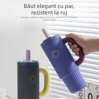 Cană termică izolată, cu capacitate mare, din oțel inoxidabil, cu mâner și pai, cadou personalizabil