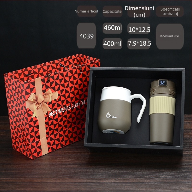 Termos din oțel inoxidabil cu afișaj al temperaturii, cană de cafea portabilă pentru mașină și birou, unisex, set stilat