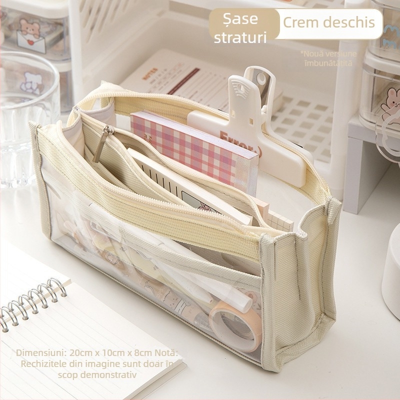 Penar pentru creioane cu capacitate mare, transparent, cu șase niveluri, multifuncțional, cu fereastră de vizualizare, stil minimalist japonez, proaspăt și elegant