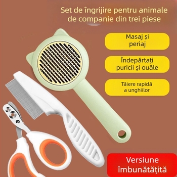 Set de îngrijire a pisicilor: pieptene pentru păr căzut, foarfecă pentru unghii, pieptene anti purici, mănuși de îngrijire și perie de păr