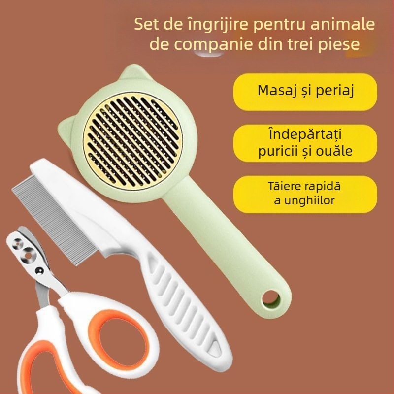 Set de îngrijire a pisicilor: pieptene pentru păr căzut, foarfecă pentru unghii, pieptene anti purici, mănuși de îngrijire și perie de păr
