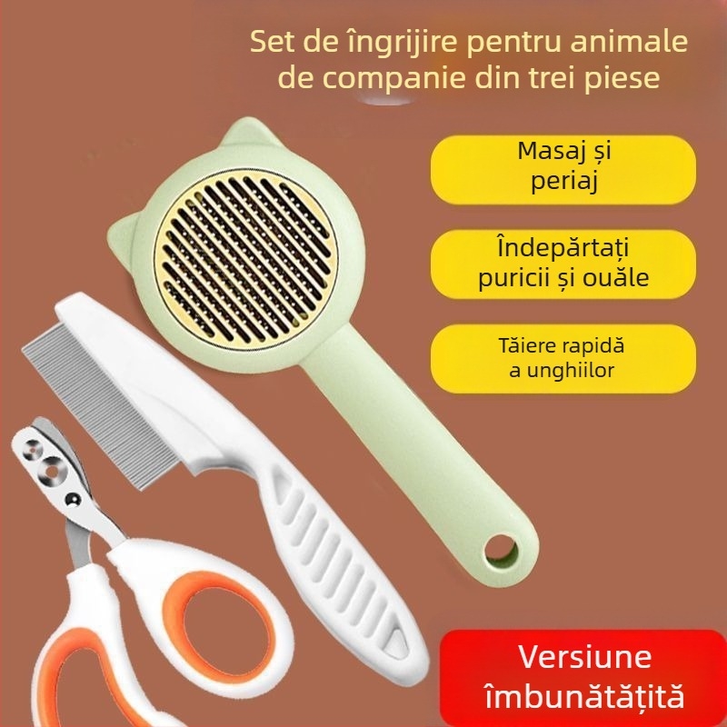 Set de îngrijire a pisicilor: pieptene pentru păr căzut, foarfecă pentru unghii, pieptene anti purici, mănuși de îngrijire și perie de păr