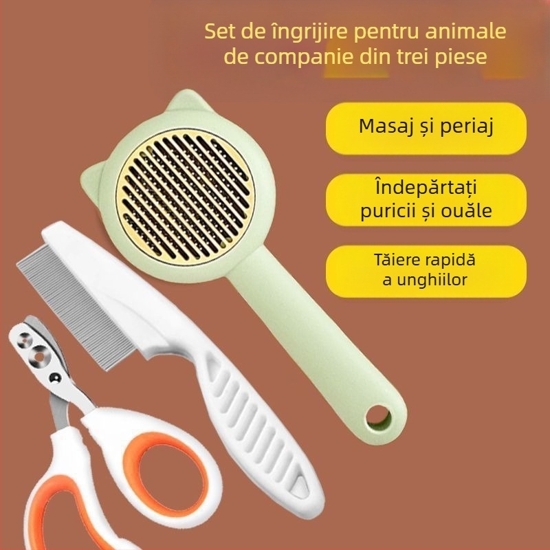 Set de îngrijire a pisicilor: pieptene pentru păr căzut, foarfecă pentru unghii, pieptene anti purici, mănuși de îngrijire și perie de păr
