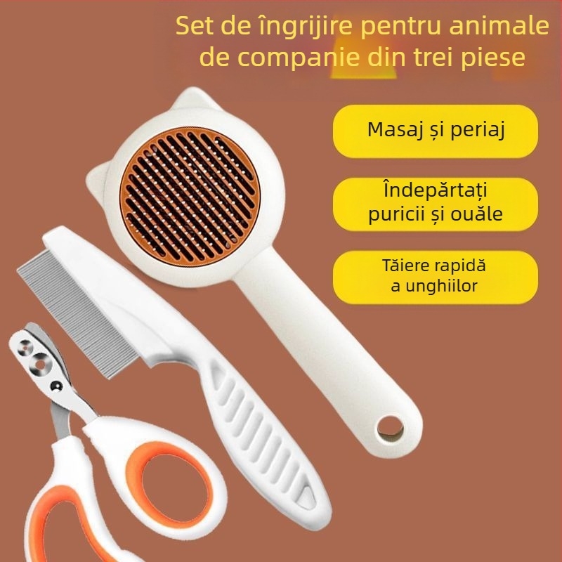 Set de îngrijire a pisicilor: pieptene pentru păr căzut, foarfecă pentru unghii, pieptene anti purici, mănuși de îngrijire și perie de păr
