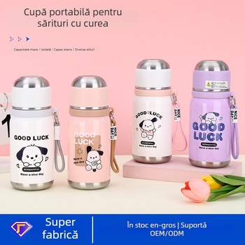 Cană de ceai cu cățeluș animat, din oțel inoxidabil 316, izolație în vid, cu șnur de purtare, portabilă, Bounce cup
