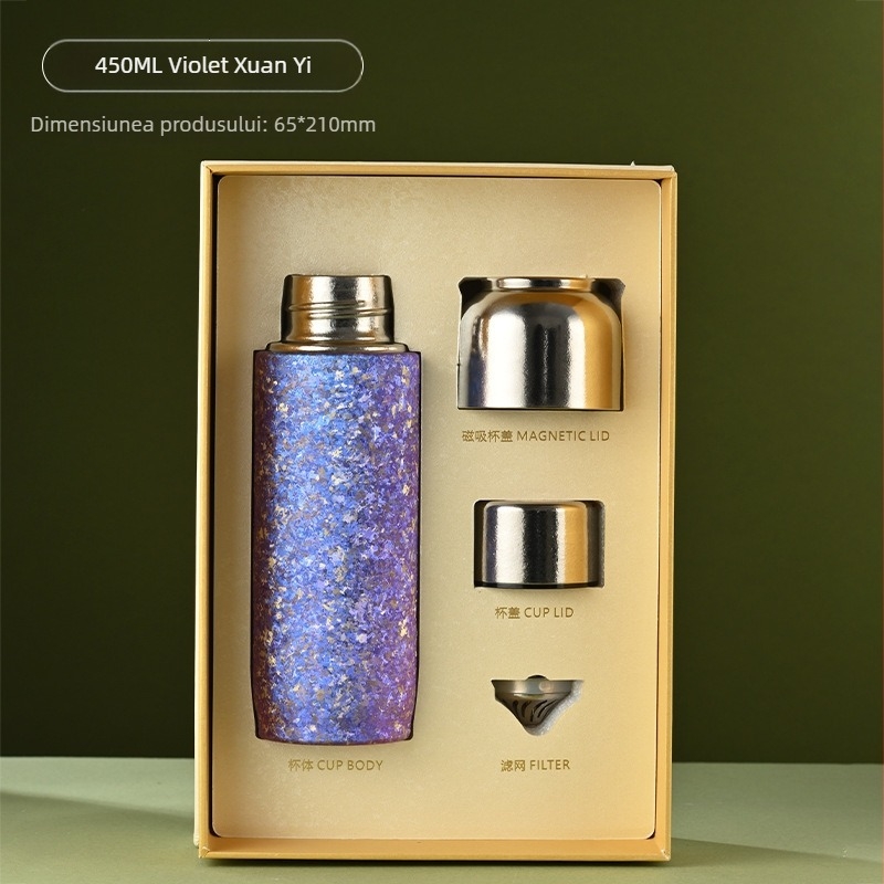 Cană termică din titan pur, cu pereți dubli, capac magnetic, ceașcă de infuzare a ceaiului din titan, cutie cadou cu separare ceai-apă