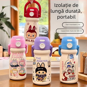 Cana izolată pentru copii, cu design drăguț de desen animat, mâner de transport, interior din oțel inoxidabil 316, exterior din oțel inoxidabil 304, păstrează băuturile calde sau reci 6–12 ore.