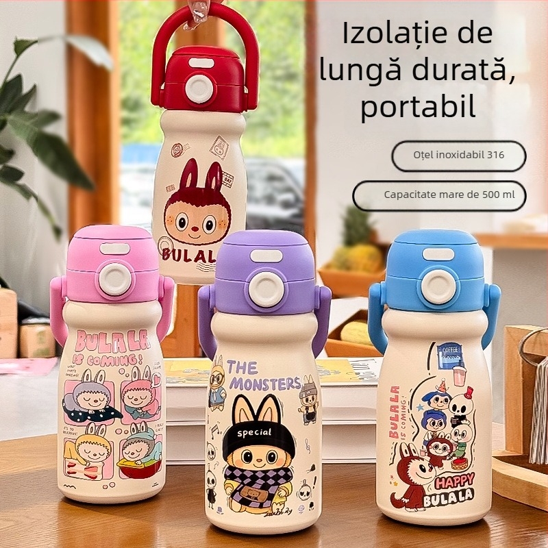 Cana izolată pentru copii, cu design drăguț de desen animat, mâner de transport, interior din oțel inoxidabil 316, exterior din oțel inoxidabil 304, păstrează băuturile calde sau reci 6–12 ore.