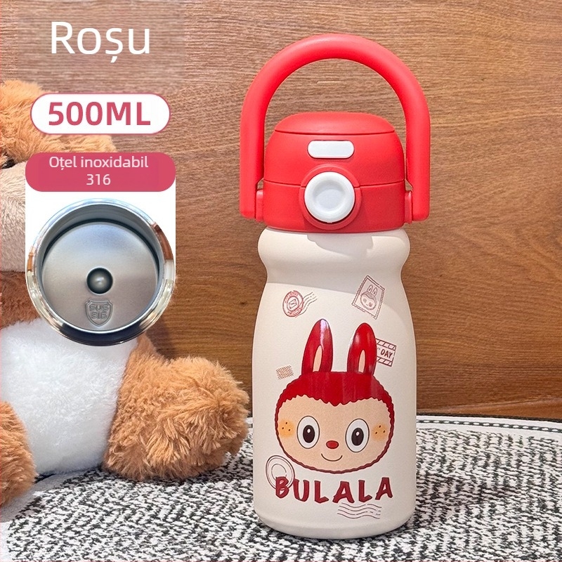 Cana izolată pentru copii, cu design drăguț de desen animat, mâner de transport, interior din oțel inoxidabil 316, exterior din oțel inoxidabil 304, păstrează băuturile calde sau reci 6–12 ore.