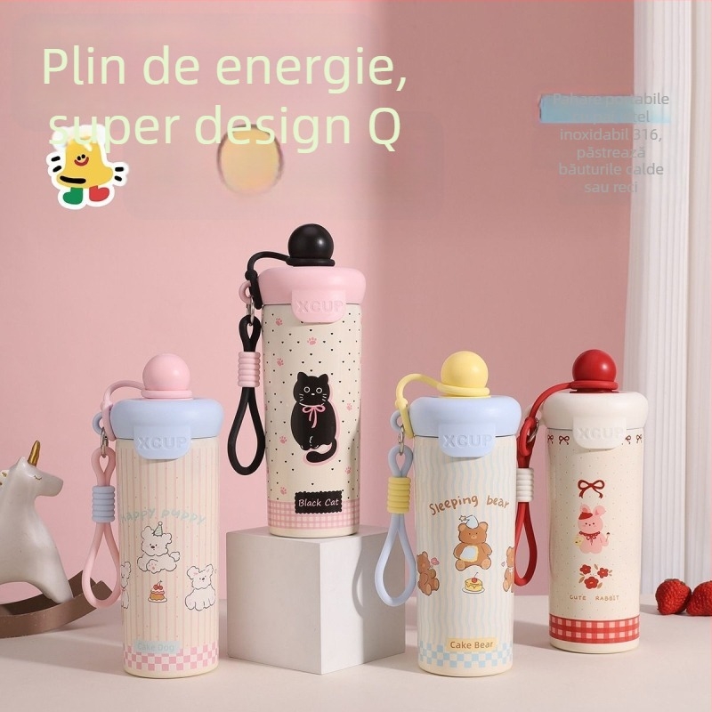 Cana termos portabilă cu izolație vid, 650 ml, exterior din oțel inoxidabil 316, interior din 304, cu pai