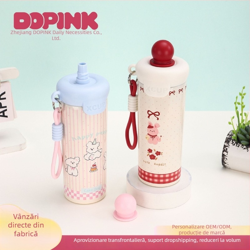 Cană termoizolantă cu mingă plutitoare în design desen animat, cu pai, portabilă pentru vară