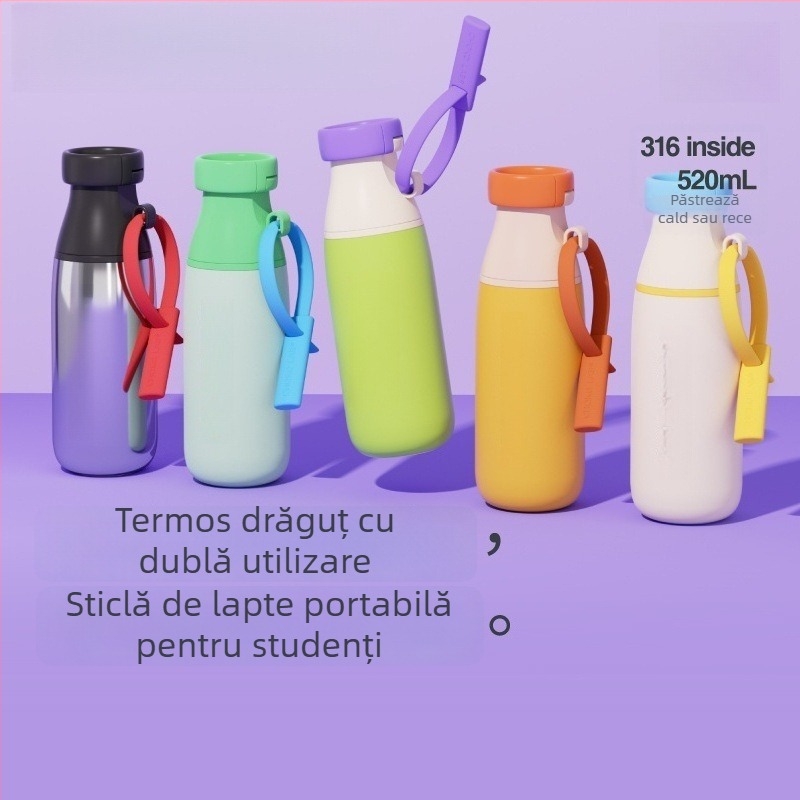 Dopamine Milk Bottle, sticlă izolată din oțel inoxidabil 316 cu separare ceai‑apă, portabilă pentru exterior, pahar dublu pentru băut, capac răsucire