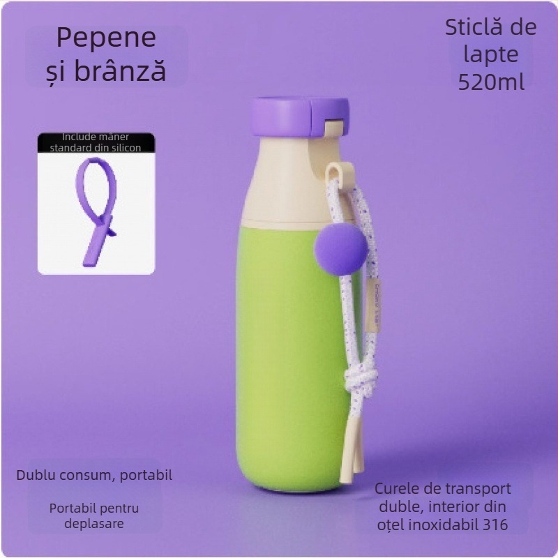 Dopamine Milk Bottle, sticlă izolată din oțel inoxidabil 316 cu separare ceai‑apă, portabilă pentru exterior, pahar dublu pentru băut, capac răsucire