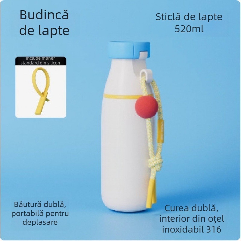 Dopamine Milk Bottle, sticlă izolată din oțel inoxidabil 316 cu separare ceai‑apă, portabilă pentru exterior, pahar dublu pentru băut, capac răsucire