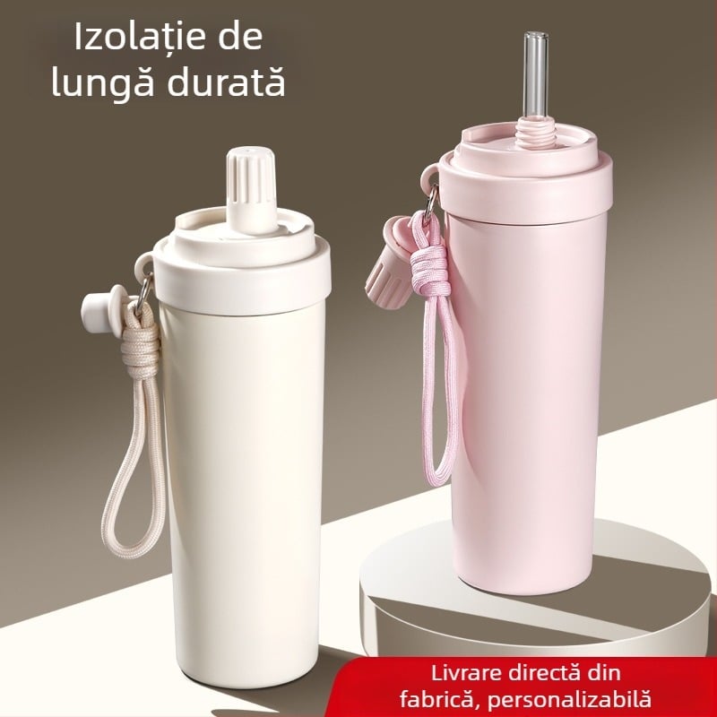 Ceșă termică din oțel inoxidabil, cu pai, capacitate mare, unisex, pentru mașină și activități în aer liber