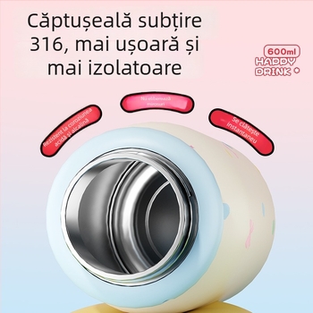 Cană termos din oțel inoxidabil 316, design drăguț desen animat, portabilă, cu capacitate mare și pai
