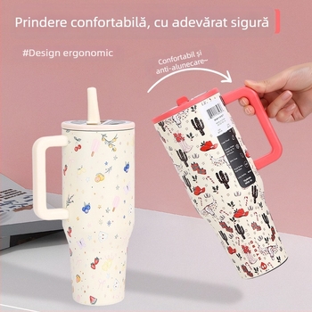 Cană izolată din oțel inoxidabil 304, capacitate mare 40 oz, cu mâner și pai