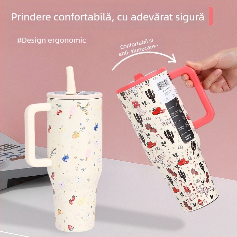 Cană izolată din oțel inoxidabil 304, capacitate mare 40 oz, cu mâner și pai