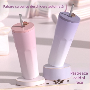 Cească de cafea din oțel inoxidabil 304, pereți dubli, vid, pai, capacitate mare, logo personalizat