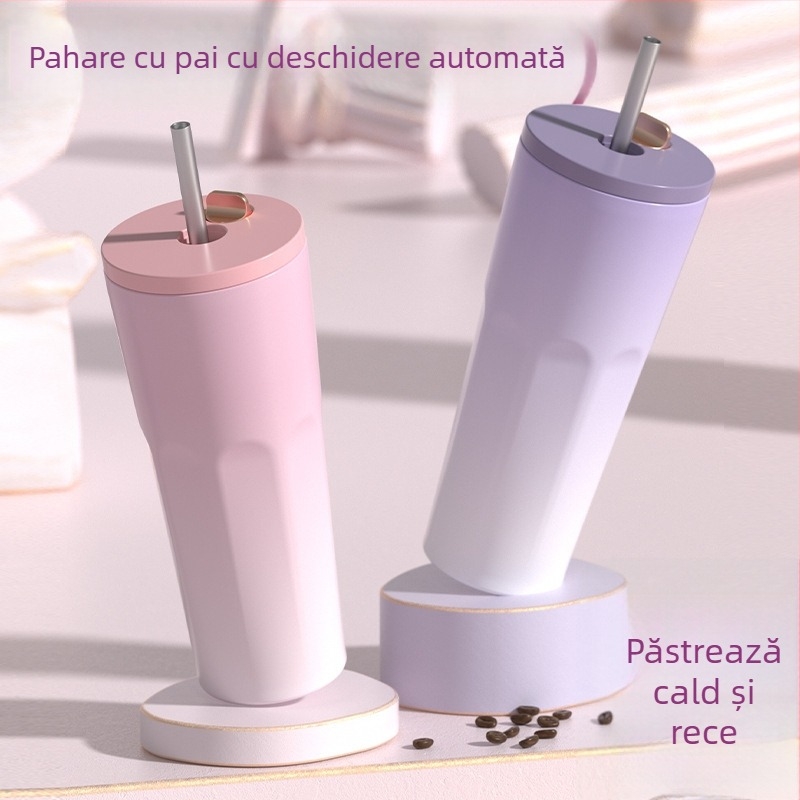 Cească de cafea din oțel inoxidabil 304, pereți dubli, vid, pai, capacitate mare, logo personalizat