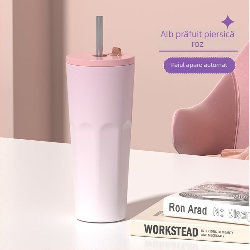 Cească de cafea din oțel inoxidabil 304, pereți dubli, vid, pai, capacitate mare, logo personalizat