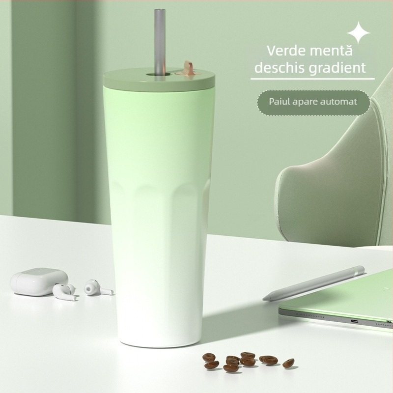 Cească de cafea din oțel inoxidabil 304, pereți dubli, vid, pai, capacitate mare, logo personalizat