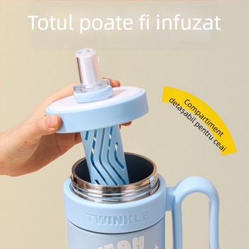 Cană termică din oțel inoxidabil 304, capac mare, izolație, portabilă, separare ceai și pai