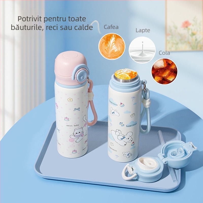 Cană termică pentru copii, cu două paiuri, portabilă, pentru elevi, cu buzunar lateral, capacitate mare