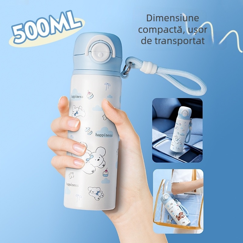 Cană termică pentru copii, cu două paiuri, portabilă, pentru elevi, cu buzunar lateral, capacitate mare