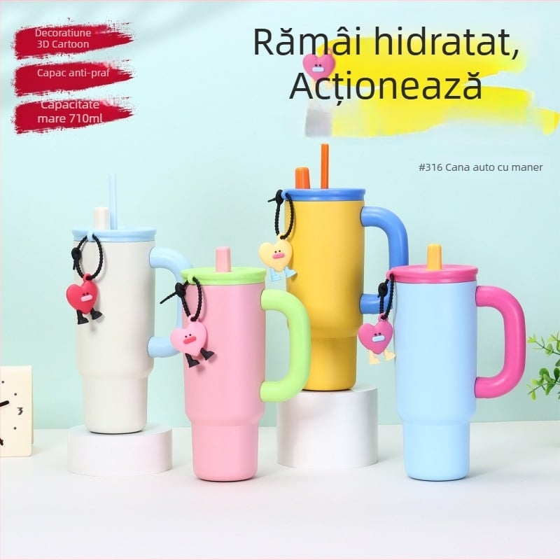 Cană termos pentru mașină din oțel inoxidabil 316, izolație, cu mâner și pai, portabil