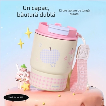 Cană termoizolantă 3D cu design animat, cu capac dublu pentru băut și mâner, potrivită pentru birou și mașină
