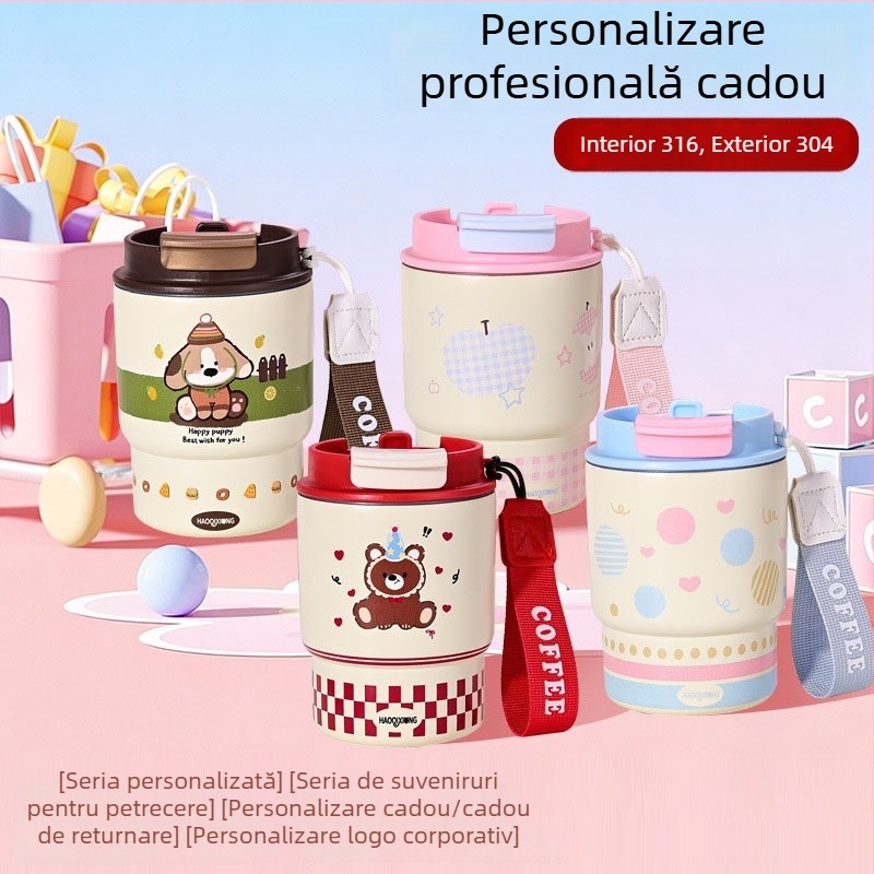 Cană termoizolantă 3D cu design animat, cu capac dublu pentru băut și mâner, potrivită pentru birou și mașină