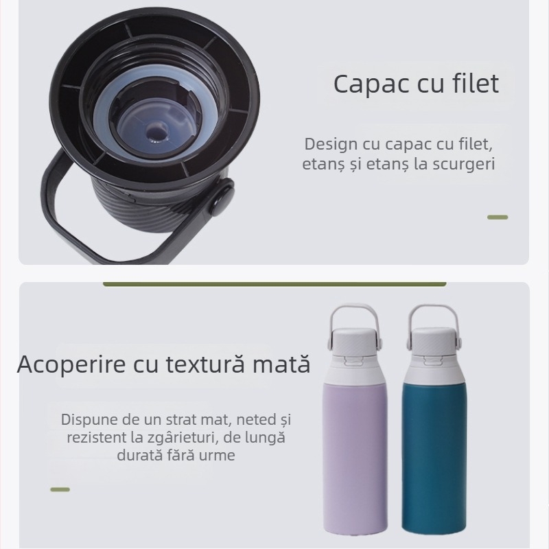 Sticlă de apă sport cu capacitate mare, din oțel inoxidabil 304 în interior, 201 în exterior, cu mâner și pai, izolație