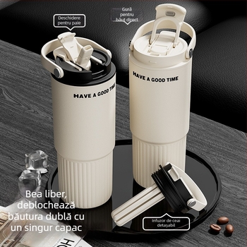 Cană termoizolantă portabilă cu pai, interior din oțel inoxidabil 316, capacitate mare pentru cafea și apă, pentru utilizare în mașină