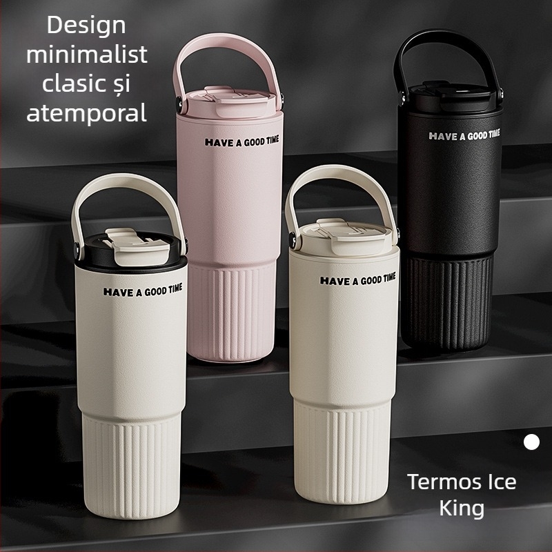Cană termoizolantă portabilă cu pai, interior din oțel inoxidabil 316, capacitate mare pentru cafea și apă, pentru utilizare în mașină