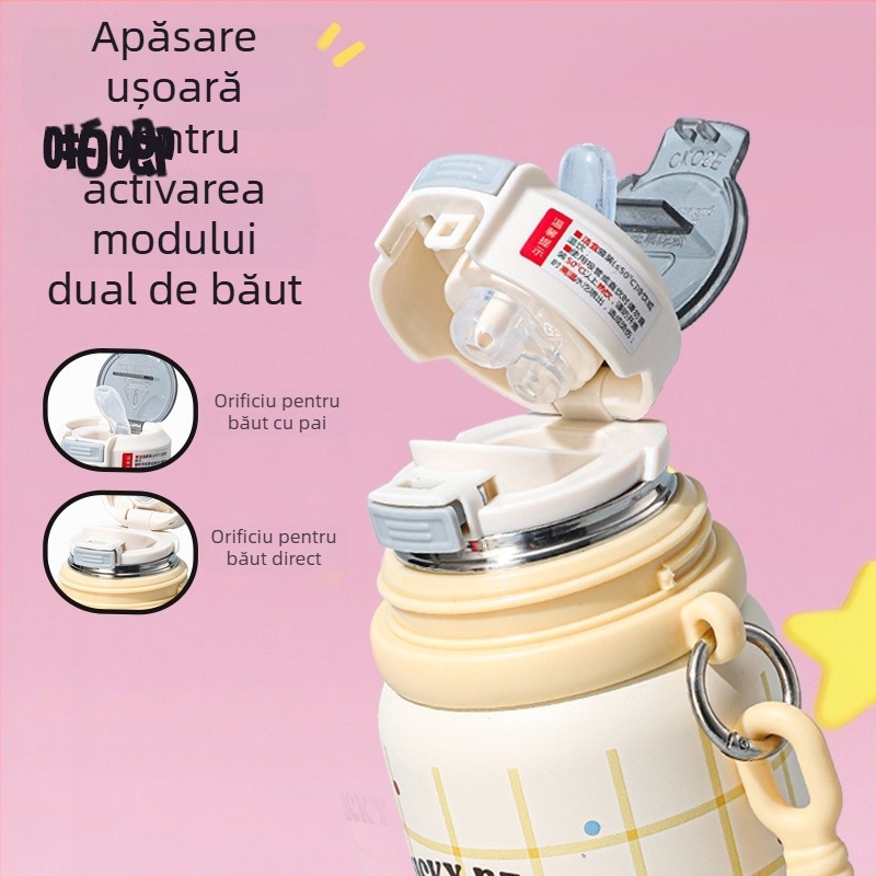 Cană termoizolantă cu mâner, design drăguț cu desene animate, interior din oțel inoxidabil 316, portabil pentru elevi