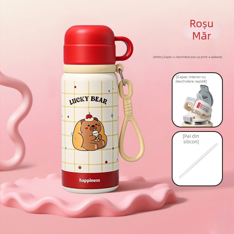 Cană termoizolantă cu mâner, design drăguț cu desene animate, interior din oțel inoxidabil 316, portabil pentru elevi