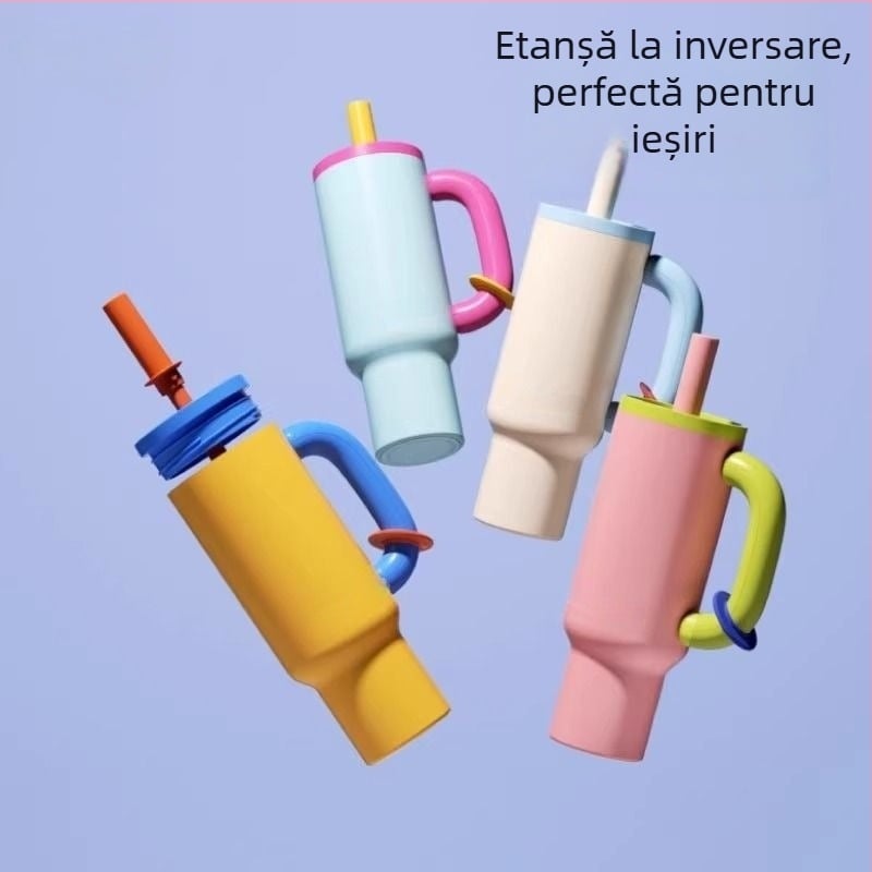 Cană termos din oțel inoxidabil 304, cu mâner și pai, portabilă pentru mașină și exterior